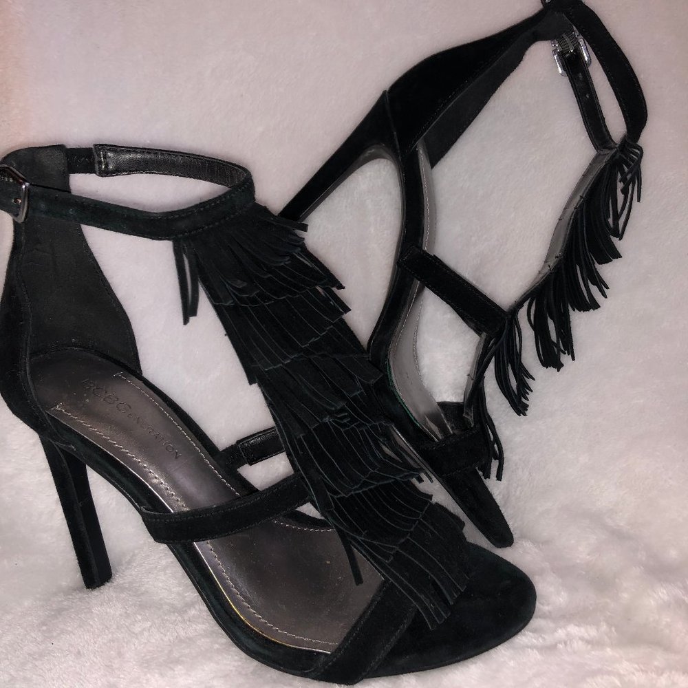 BCBG Black Fringe Heeled Sandal 6M/36